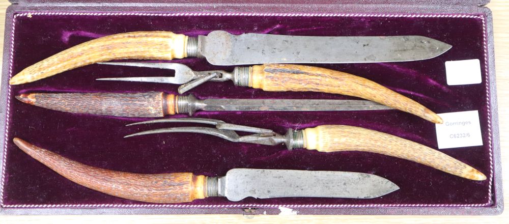 A cased Fenton Bros. carving set with antler handles